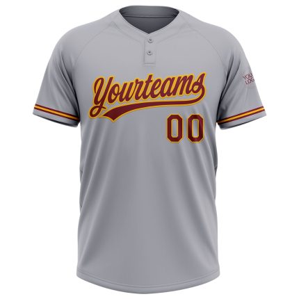 Personalized Unisex Softball Jersey - Gray Crimson-Gold Two-Button Design Personalized Gray Crimson-Gold Two-Button Unisex