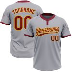 Custom Name Number Personalized Unisex Softball Jersey in Gray Crimson-Gold, Two-Button Design Personalized Gray Crimson-Gold