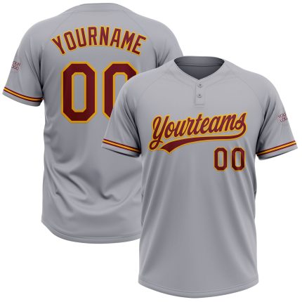 Personalized Unisex Softball Jersey - Gray Crimson-Gold Two-Button Design Personalized Gray Crimson-Gold Two-Button Unisex