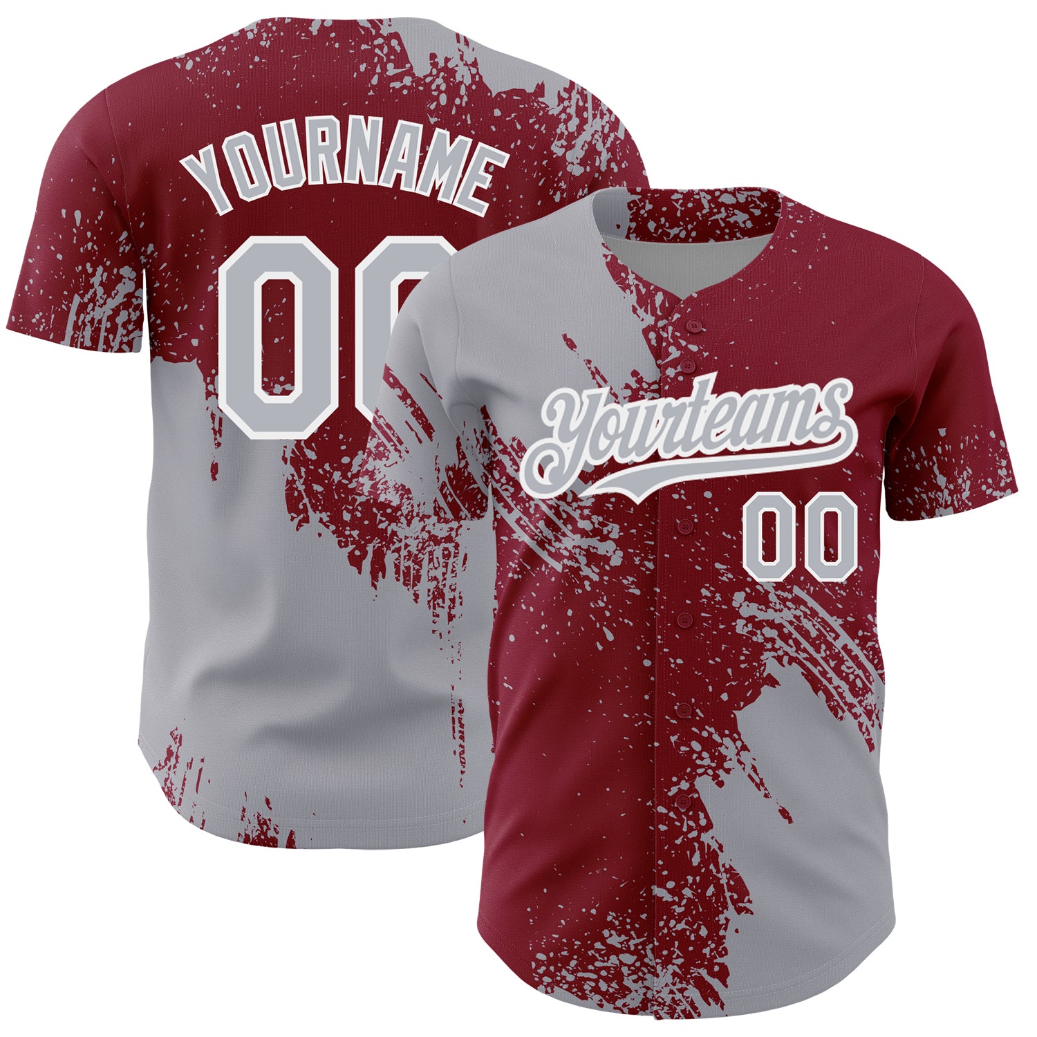 Custom Name and Number Baseball Jersey - Personalized 3D Pattern Gray Crimson Abstract Brush Stroke Design Personalized Gray