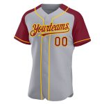 Custom Name and Number Personalized Baseball Jersey in Gray Crimson-Yellow with Authentic Raglan Sleeves Personalized Gray