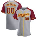 Custom Name and Number Personalized Baseball Jersey in Gray Crimson-Yellow with Authentic Raglan Sleeves Personalized Gray