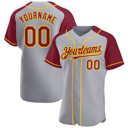 Custom Name and Number Personalized Baseball Jersey in Gray Crimson-Yellow with Authentic Raglan Sleeves Personalized Gray