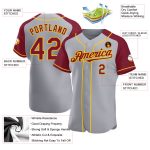 Custom Name and Number Personalized Baseball Jersey in Gray Crimson-Yellow with Authentic Raglan Sleeves Personalized Gray