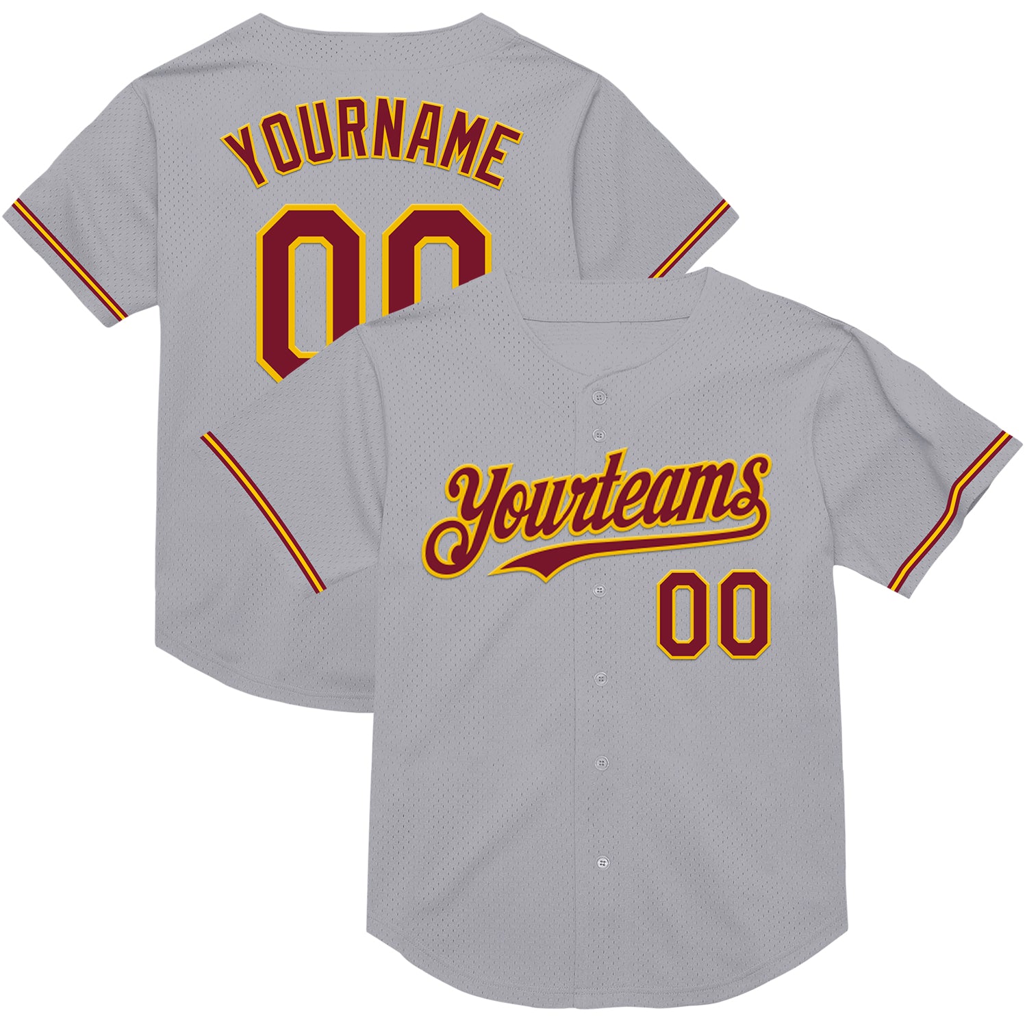 Custom Personalized Gray Crimson-Yellow Mesh Baseball Jersey with Name and Number - Authentic Throwback Design Personalized