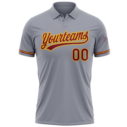 Custom Personalized Performance Golf Polo Shirt - Gray Crimson-Yellow, Team Name & Number Personalized Gray Crimson-Yellow