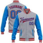 Custom Two Tone Bomber Jacket with Personalized Name and Number - Gray Electric Blue-Red Varsity Full-Snap Letterman Jacket