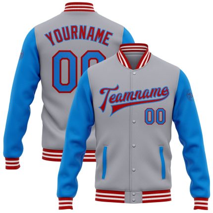 Custom Two Tone Bomber Jacket with Personalized Name and Number - Gray Electric Blue-Red Varsity Full-Snap Letterman Jacket