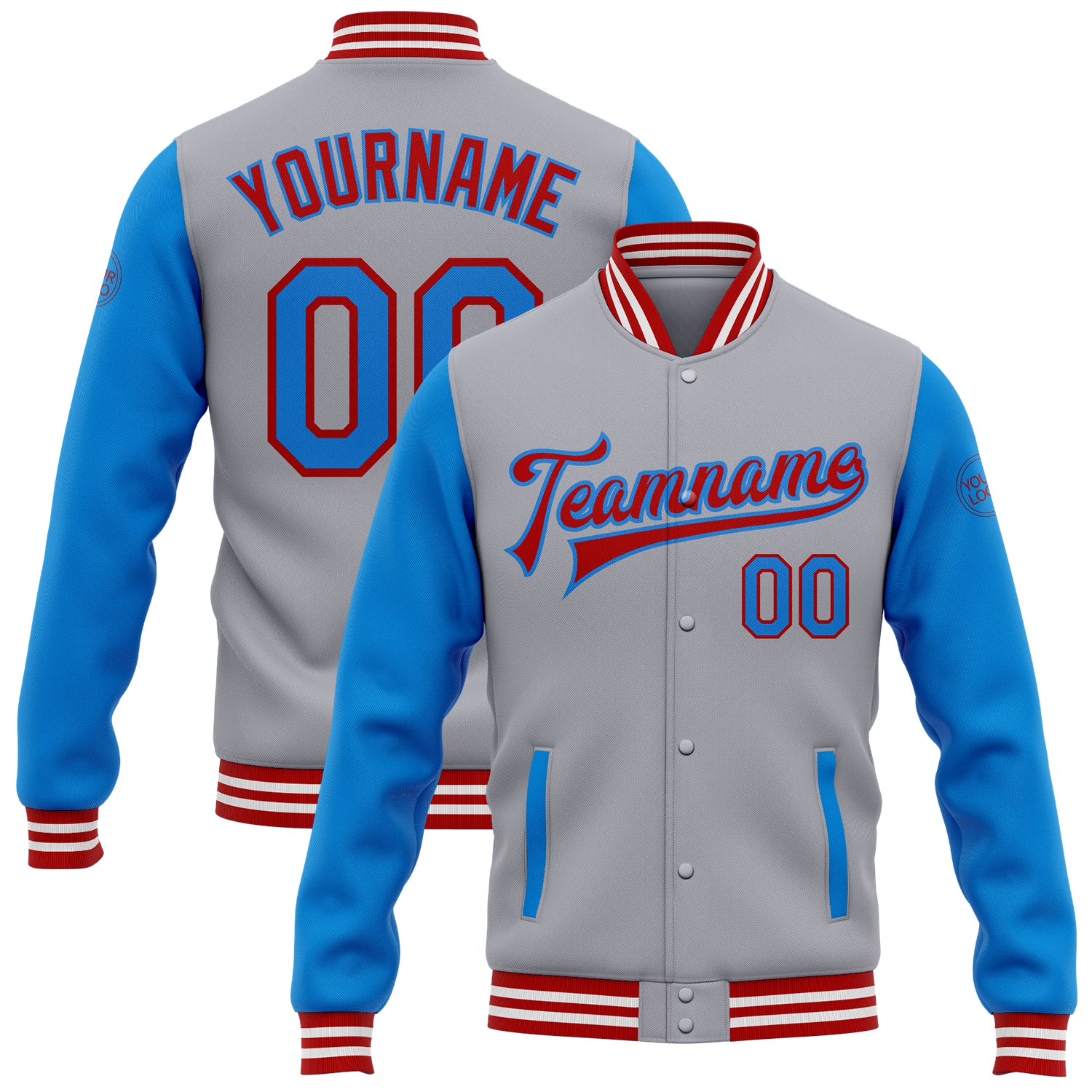 Custom Two Tone Bomber Jacket with Personalized Name and Number - Gray Electric Blue-Red Varsity Full-Snap Letterman Jacket
