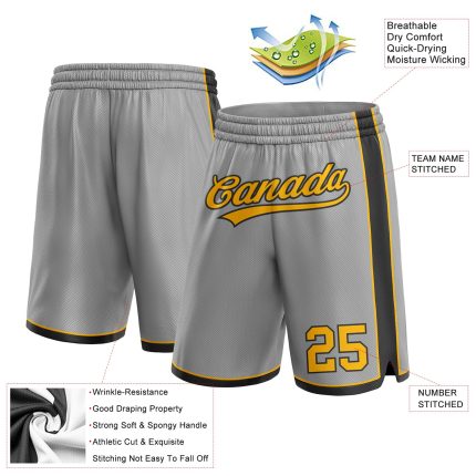 Custom Team Basketball Shorts with Personalized Name and Number - Gray and Gold-Black Authentic Design Personalized Gray