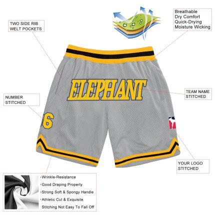 Custom Name Number Basketball Shorts Gray Gold Black Authentic Throwback Design Personalized Gray Gold-Black Authentic Throwback