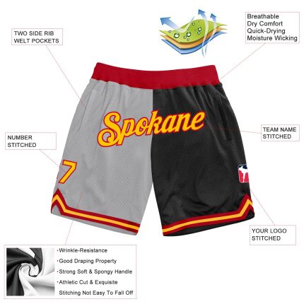 Personalized Gold Black Gray Basketball Shorts - Authentic Throwback Fashion Style Personalized Gray Gold-Black Authentic