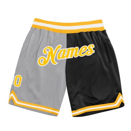 Custom Personalized Basketball Shorts with Name & Number - Gray Gold-Black Authentic Throwback Split Fashion Personalized
