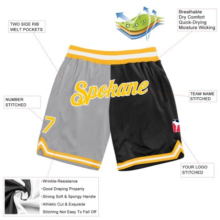 Custom Personalized Basketball Shorts with Name & Number - Gray Gold-Black Authentic Throwback Split Fashion Personalized