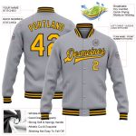 Custom Name Number Varsity Letterman Jacket - Personalized Gray Gold-Black Bomber Full-Snap Team Jacket Personalized Gray