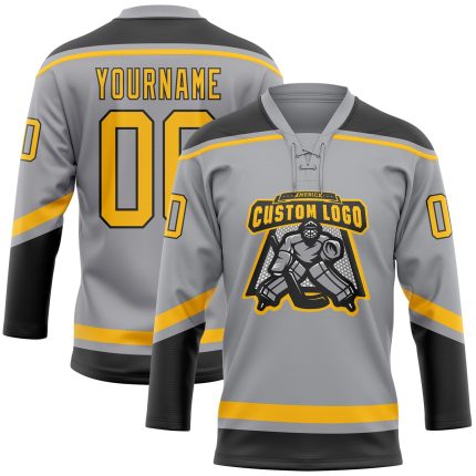Custom Name and Number Hockey Jersey - Personalized Gray Gold-Black Lace Neck Team Apparel Personalized Gray Gold-Black Hockey