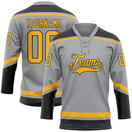 Custom Name and Number Hockey Jersey - Personalized Gray Gold-Black Lace Neck Team Apparel Personalized Gray Gold-Black Hockey