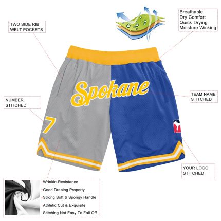 Custom Team Name Number Basketball Shorts - Personalized Gray Gold-Blue Authentic Throwback Split Fashion Personalized Gray
