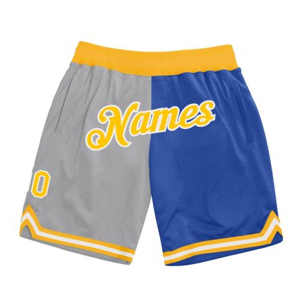 Custom Team Name Number Basketball Shorts - Personalized Gray Gold-Blue Authentic Throwback Split Fashion Personalized Gray