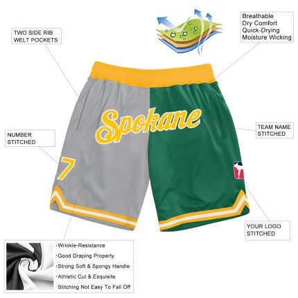 Custom Name Number Personalized Basketball Shorts Gray Gold Kelly Green Authentic Throwback Split Fashion Personalized Gray