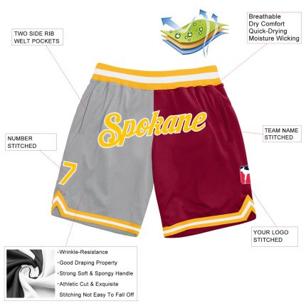 Custom Basketball Shorts with Name and Number - Personalized Gray Gold-Maroon Authentic Throwback Fashion Personalized Gray