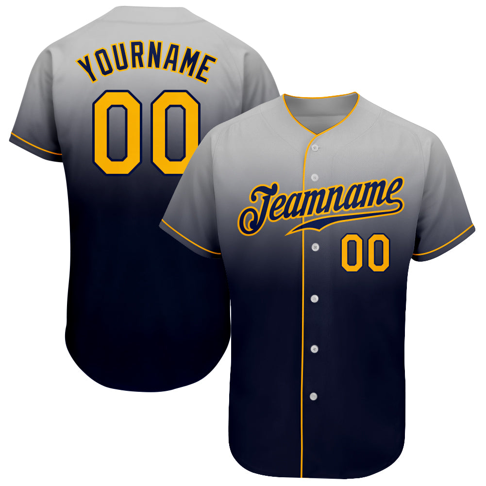 Personalized Custom Name and Number Gray Gold-Navy Fade Fashion Baseball Jersey Personalized Gray Gold-Navy Authentic Fade
