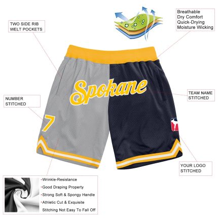 Custom Gold-Navy Authentic Basketball Shorts with Personalized Name & Number - Gray Team Split Fashion Design Personalized