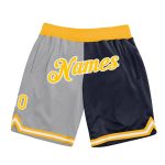 Custom Gold-Navy Authentic Basketball Shorts with Personalized Name & Number - Gray Team Split Fashion Design Personalized