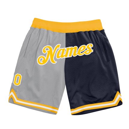 Custom Gold-Navy Authentic Basketball Shorts with Personalized Name & Number - Gray Team Split Fashion Design Personalized