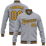 Custom Team Bomber Jacket with Name and Number - Gray Gold-Navy Full-Snap Varsity Letterman Style Personalized Gray Gold-Navy