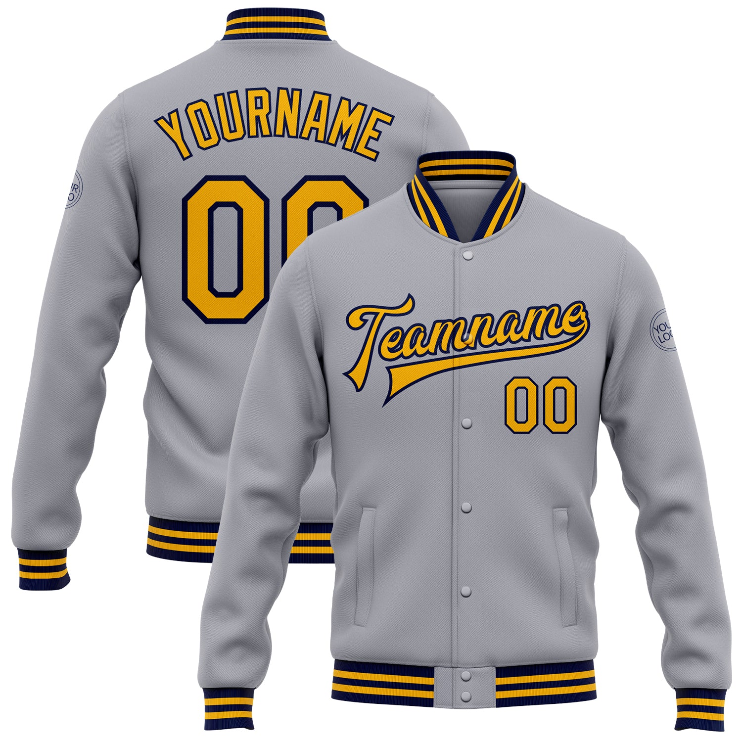 Custom Team Bomber Jacket with Name and Number - Gray Gold-Navy Full-Snap Varsity Letterman Style Personalized Gray Gold-Navy