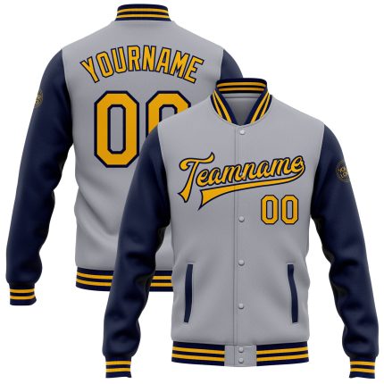 Custom Team Name Number Two Tone Bomber Varsity Letterman Jacket Gray Gold Navy Full-Snap Personalized Personalized Gray