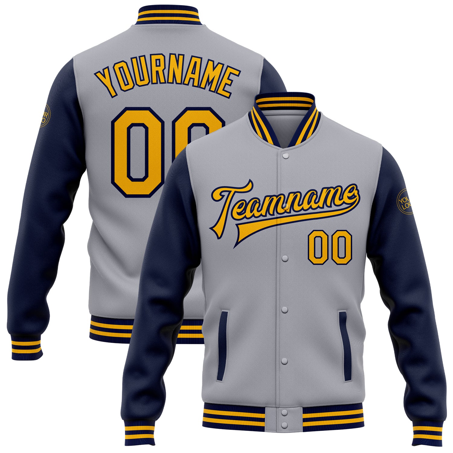 Custom Team Name Number Two Tone Bomber Varsity Letterman Jacket Gray Gold Navy Full-Snap Personalized Personalized Gray