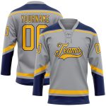 Custom Name Number Gray Gold-Navy Hockey Jersey Personalized Lace Neck Team Personalized Gray Gold-Navy Hockey Lace Neck