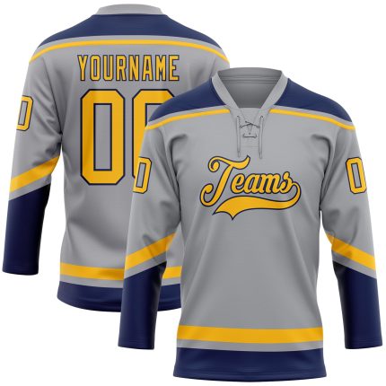 Custom Name Number Gray Gold-Navy Hockey Jersey Personalized Lace Neck Team Personalized Gray Gold-Navy Hockey Lace Neck