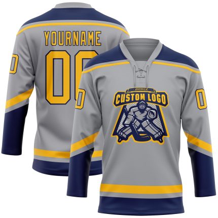 Custom Name Number Gray Gold-Navy Hockey Jersey Personalized Lace Neck Team Personalized Gray Gold-Navy Hockey Lace Neck