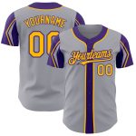 Personalized Baseball Jersey with Custom Name and Number in Gray Gold-Purple Colors - 3 Color Arm Shapes Personalized Gray