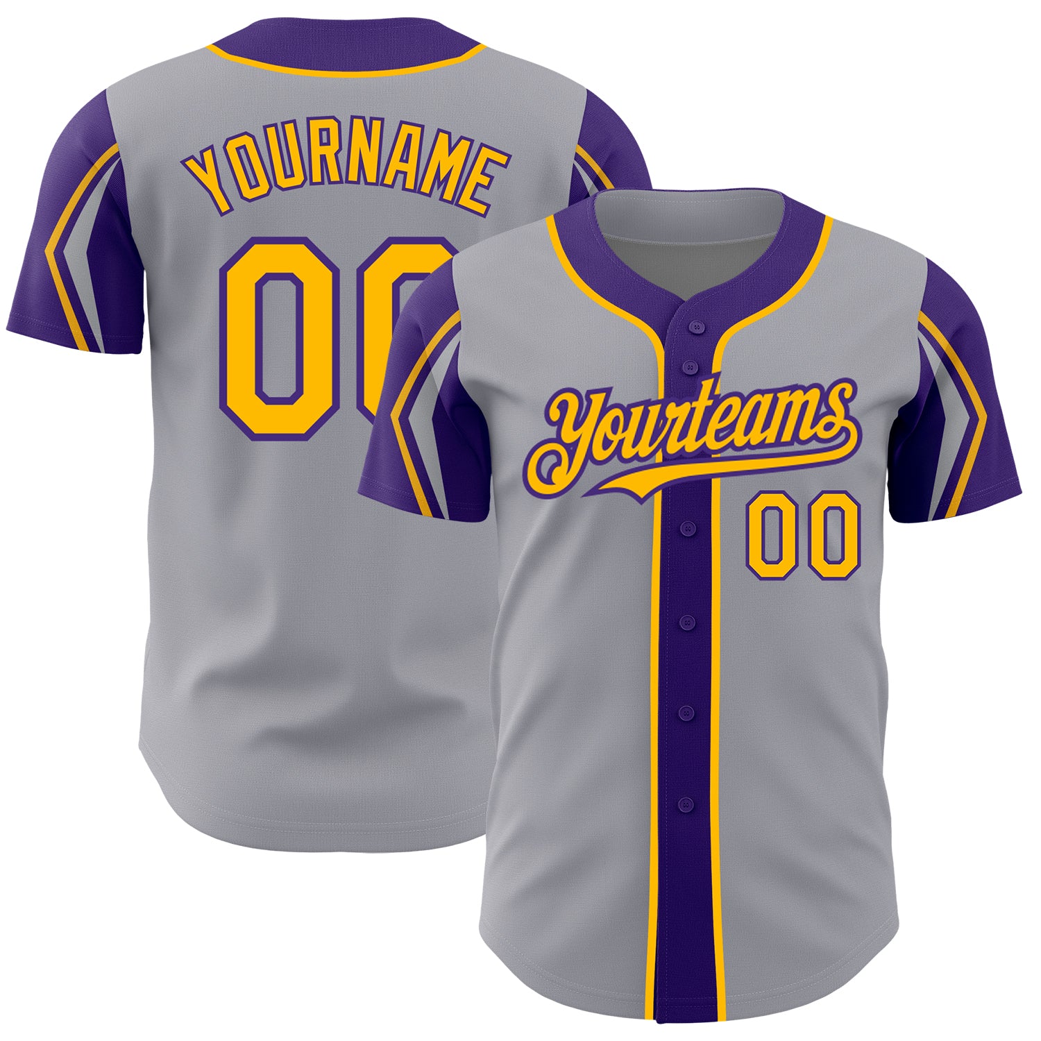 Personalized Baseball Jersey with Custom Name and Number in Gray Gold-Purple Colors - 3 Color Arm Shapes Personalized Gray