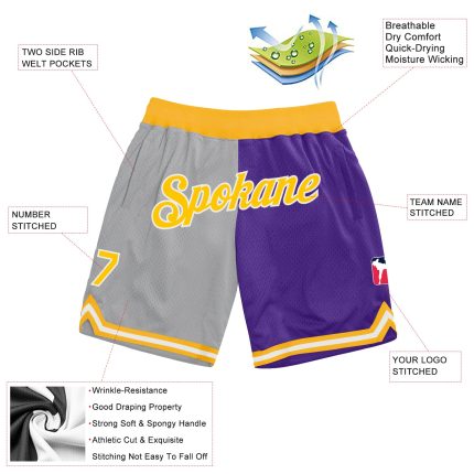 Custom Name Number Basketball Shorts Gray Gold-Purple Authentic Throwback Split Style Team Apparel Personalized Gray Gold-Purple