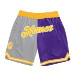 Custom Name Number Basketball Shorts Gray Gold-Purple Authentic Throwback Split Style Team Apparel Personalized Gray Gold-Purple