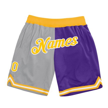 Custom Name Number Basketball Shorts Gray Gold-Purple Authentic Throwback Split Style Team Apparel Personalized Gray Gold-Purple