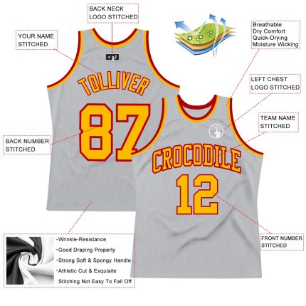 Custom Personalized Gray and Gold-Red Basketball Jersey with Name and Number - Authentic Throwback Team Apparel Personalized