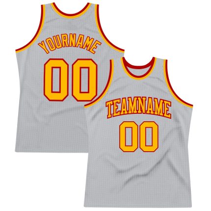 Custom Personalized Gray and Gold-Red Basketball Jersey with Name and Number - Authentic Throwback Team Apparel Personalized