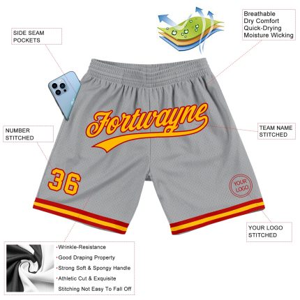 Custom Name Number Basketball Shorts Gray Gold Red Authentic Throwback Personalized Gray Gold-Red Authentic Throwback Basketball