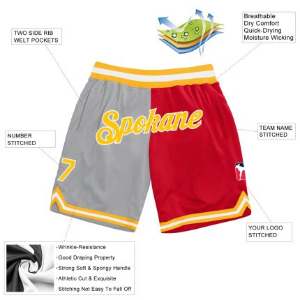 Custom Name Number Basketball Shorts Personalized Gray Gold Red Split Fashion Authentic Personalized Gray Gold-Red Authentic