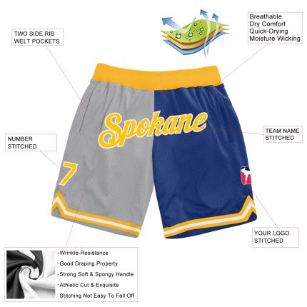 Custom Name Number Basketball Shorts Gray Gold-Royal Authentic Fashion Throwback Team Personalized Gray Gold-Royal Authentic