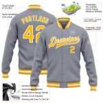 Custom Team Name Number Gray Gold White Bomber Varsity Letterman Jacket Personalized Full-Snap Personalized Gray Gold-White