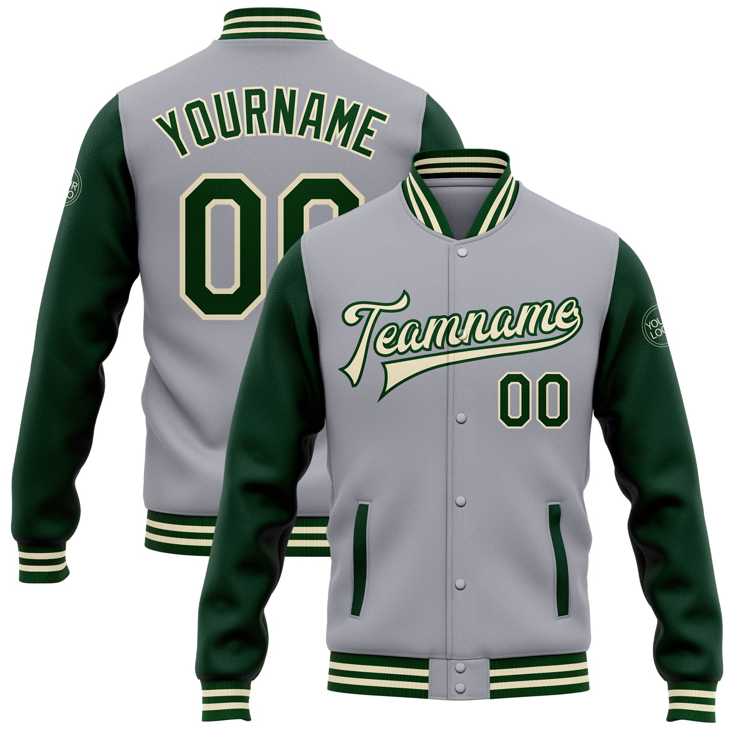 Custom Name Number Varsity Letterman Jacket Gray Green Cream Two Tone Full-Snap Bomber Personalized Gray Green-Cream Bomber