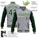Custom Name Number Varsity Letterman Jacket Gray Green Cream Two Tone Full-Snap Bomber Personalized Gray Green-Cream Bomber