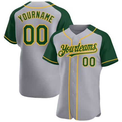 Personalized Custom Name Number Gray Green-Gold Baseball Jersey with Raglan Sleeves Personalized Gray Green-Gold Authentic